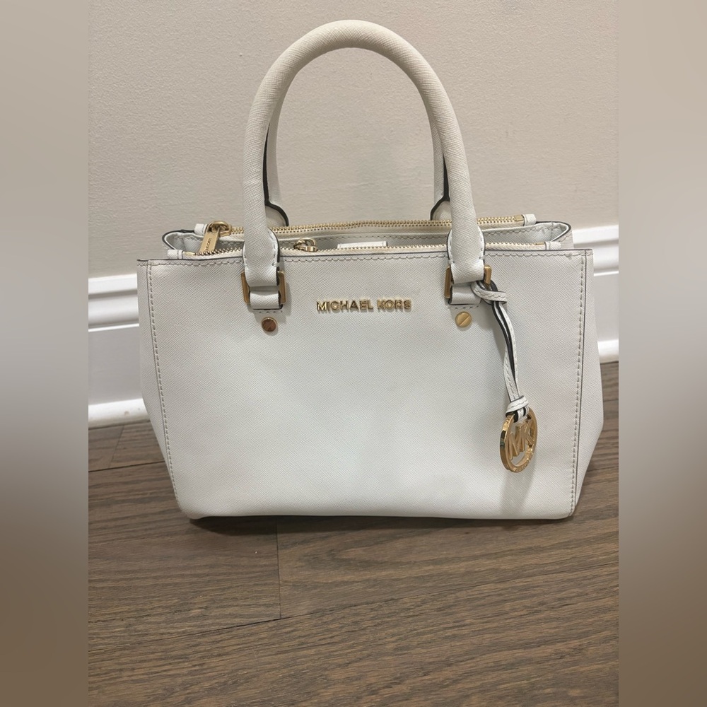 Michael Kors White Saffiano Satchel with Gold Hardware